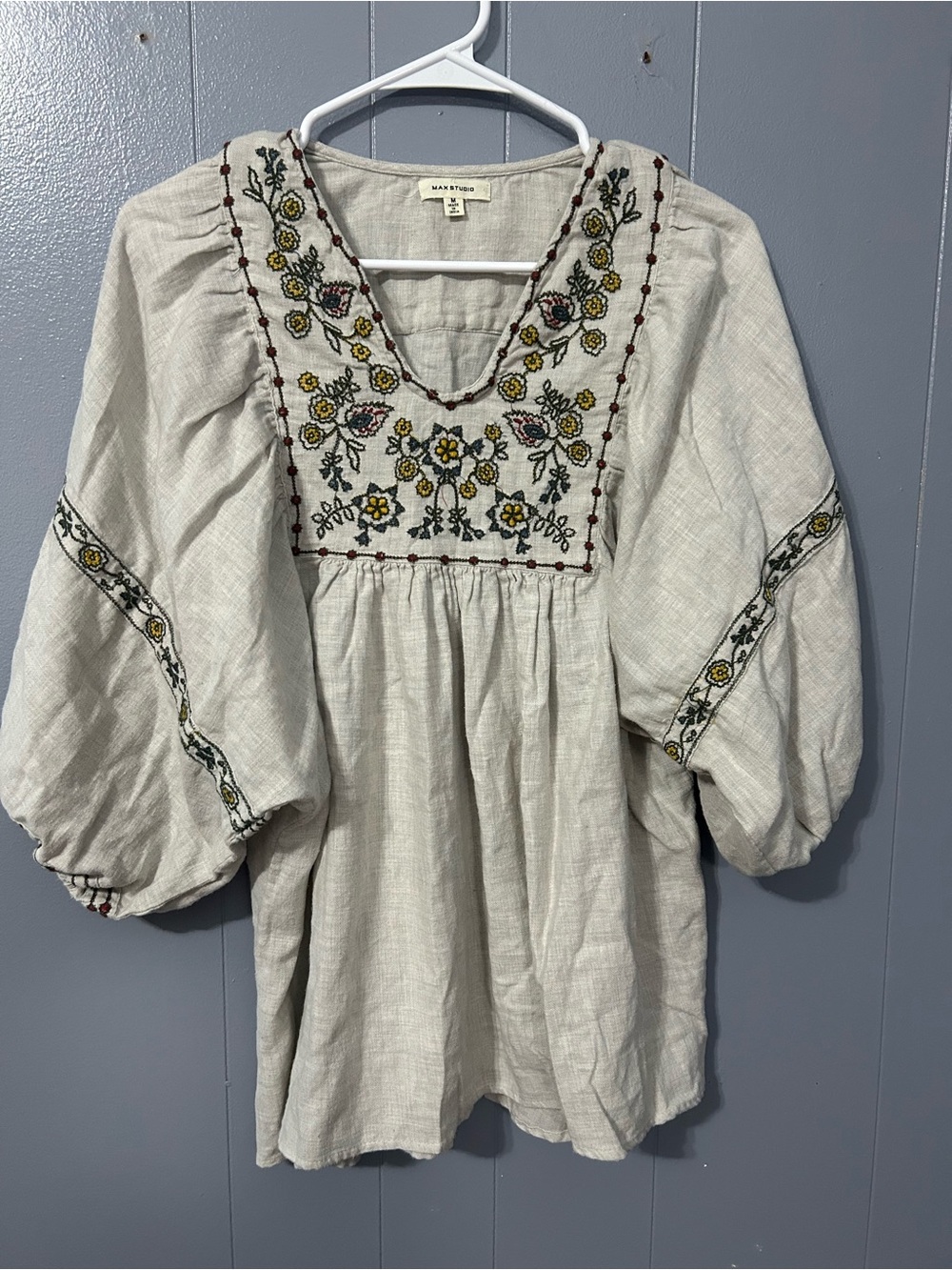 Max Studio Cream Boho Peasant Blouse with Yellow & Green Embroidery